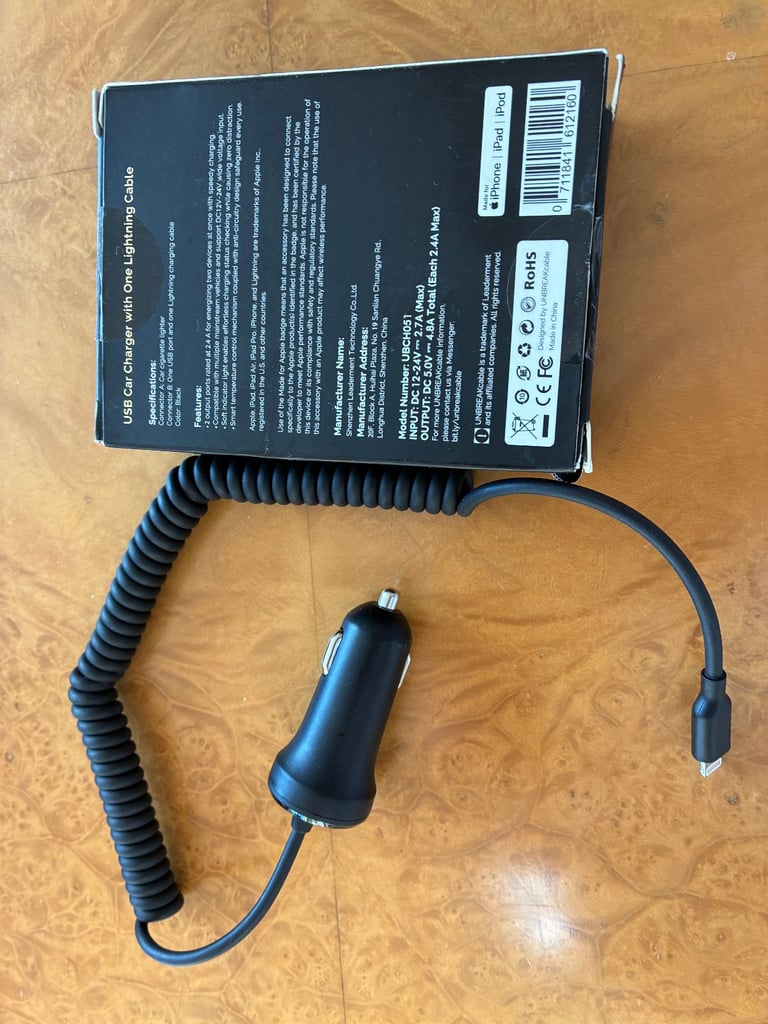 image for New - Iphone USB car charger with one lightning cable. Can be used for any iPhone from 5 - 14