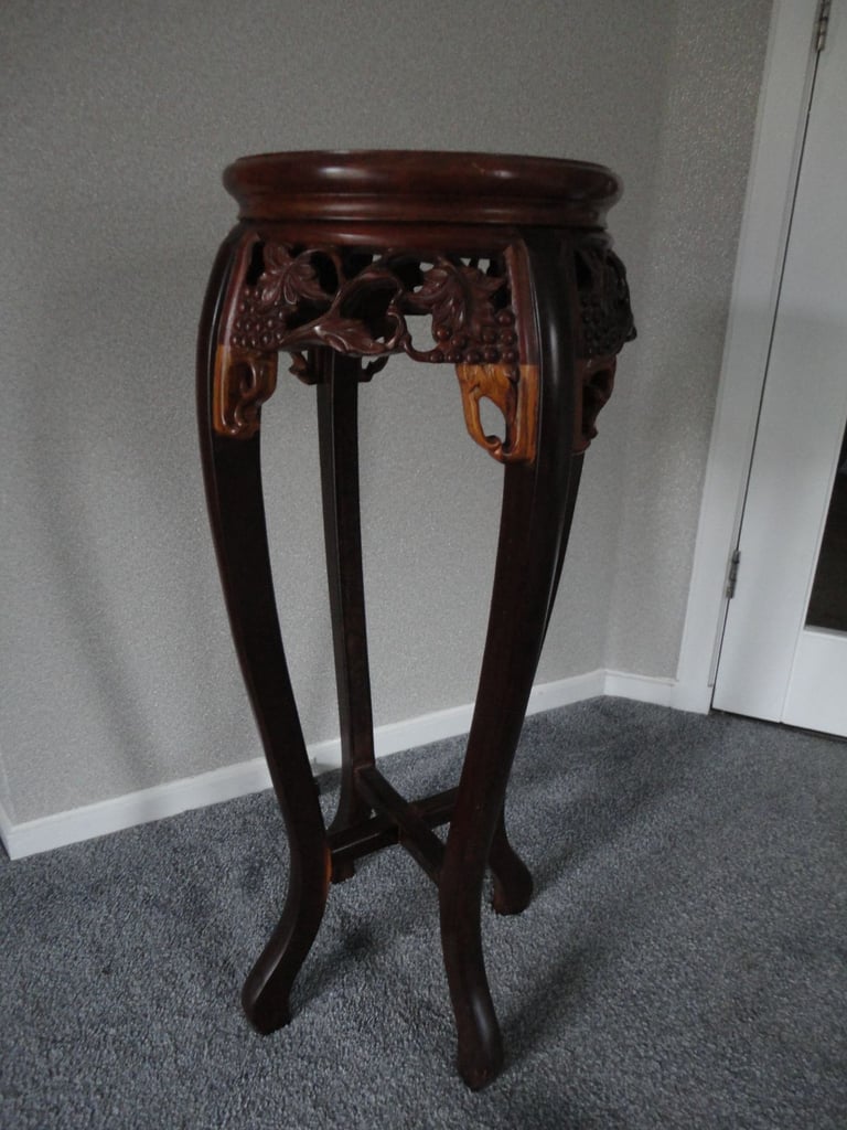 Asian hardwood chinoiserie, hand carved plant pot pedestal table, round wooden top
