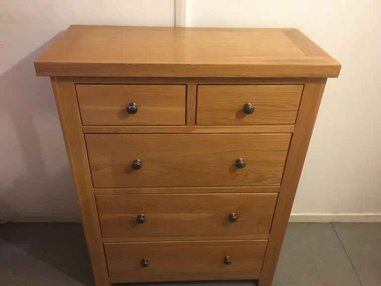 image for Oak Wood Chest of Drawers 2 Over 3 Solid and Sturdy Oak Wood 5 Deep Drawer Chest VGC Hardly Used