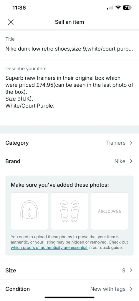  Nike Dunk Low Retro Shoes/Trainers,9(UK),White/Court Purple,New with Box