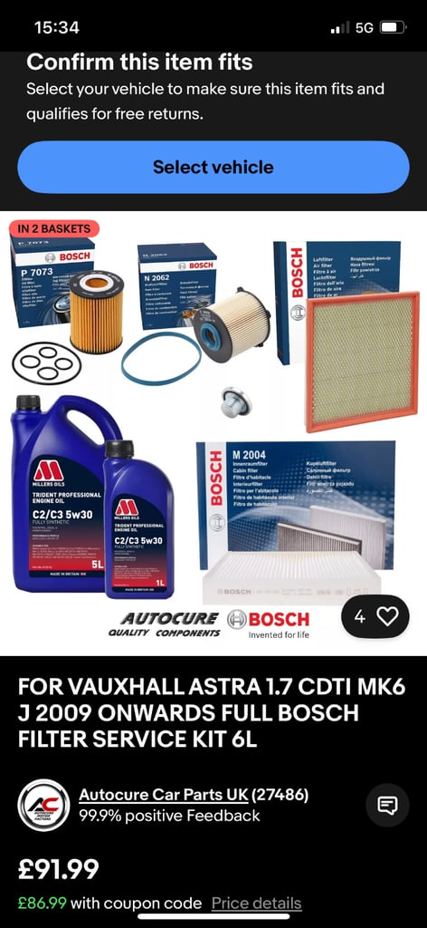 image for Vauxhall Astra j 1.7 cdti full service kit 