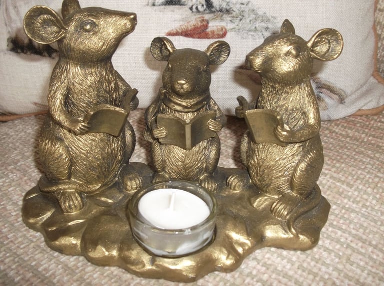 image for Gold / Bronze Colour Trio of Mice Tealight Candle Holder and Candle.