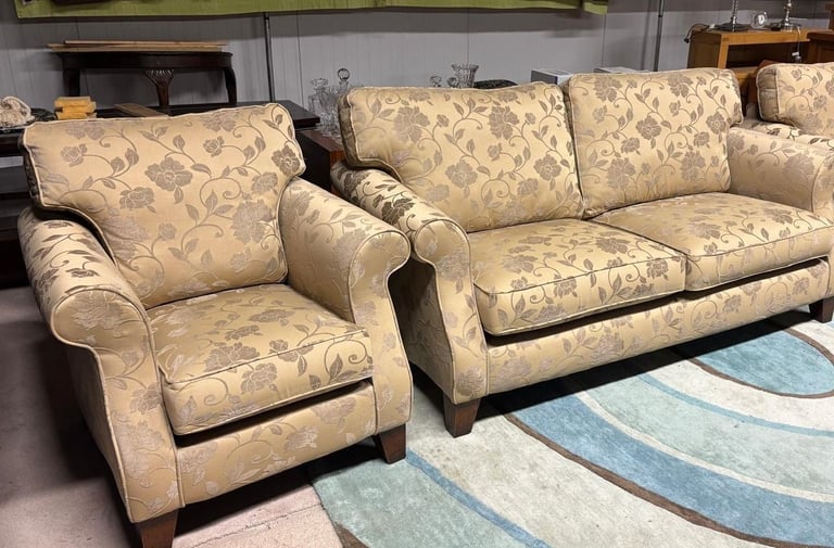 image for Flowers Pattern Beige Fabric 3 Seater Sofa and Chair 