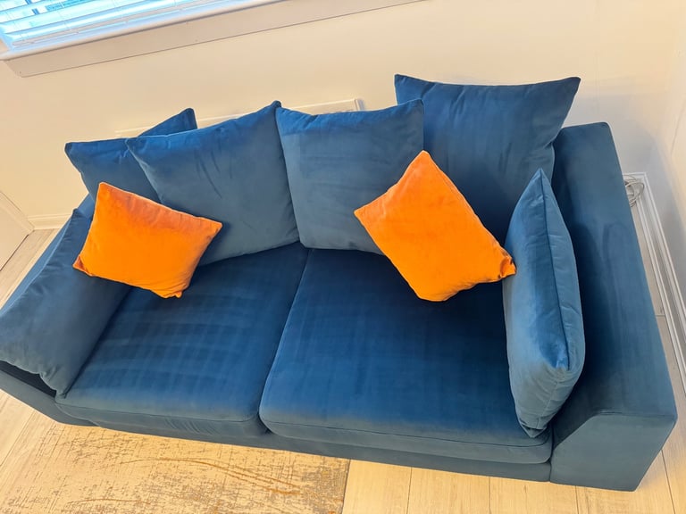 Plush Velvet Dark Blue Pillow Back 3 Seater Sofa, Large Dark Blue Footstool and Orange Accent Chair