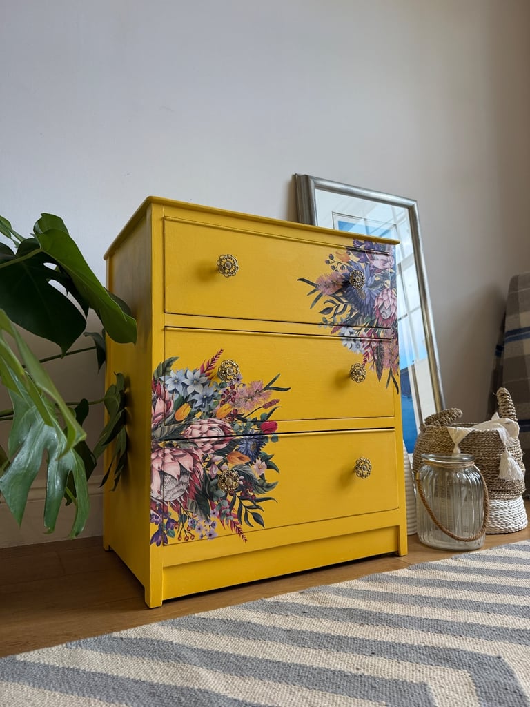 Small Chest of Drawers Bedside Table Yellow Painted , flowers transfer