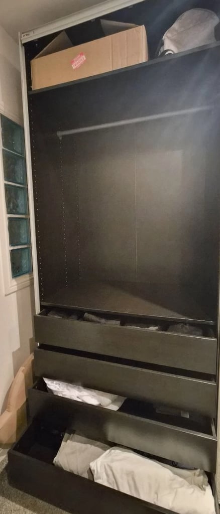 LARGE IKEA PAX Black Wardrobe, 2 Hang Rail, 3 Shelf & 8 drawers, 200x236 FREE DELIVERY 080