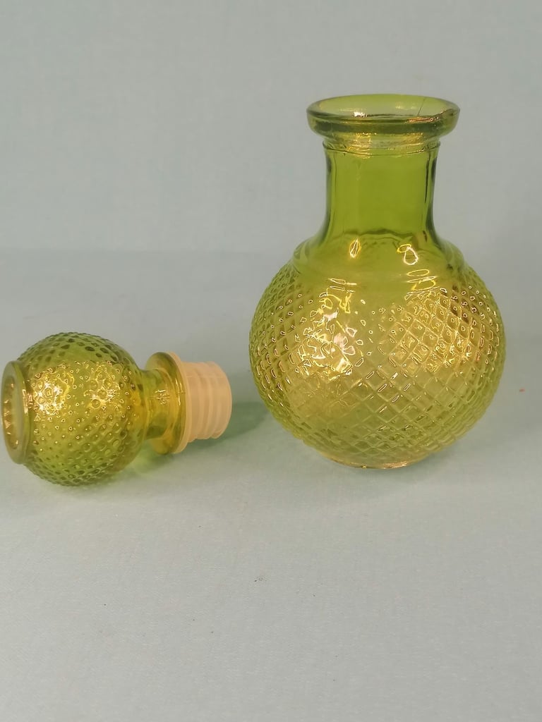 Vintage Green Glass Genie Bottle, Decanter – Ball Stopper. (bit chip,you can see photo. As seen.