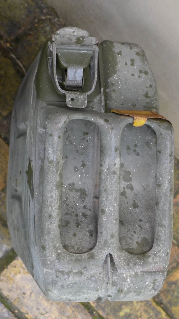 TWO LARGE VINTAGE HEAVY DUTY METAL JERRY CANS. FUEL STORAGE. FUEL CARRYING CANS. 20 Litres.