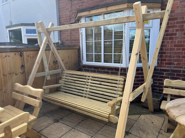 Hand Made Chunky Wood Rustic Swing 3 Seater Garden Swing Bench
