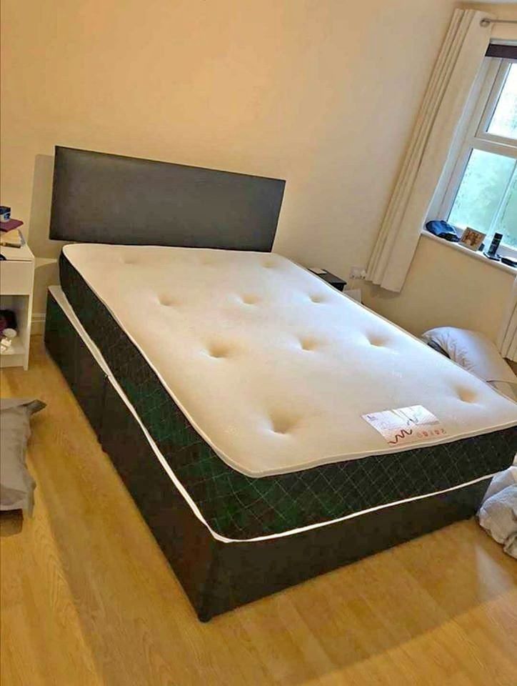 image for double velvet fabric bed with base and headboard and memory foam mattress