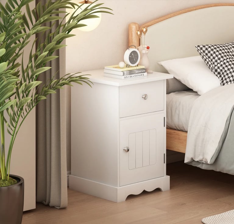 White 1 Drawer and 1 Door Bedside Tables Nightstand X 2