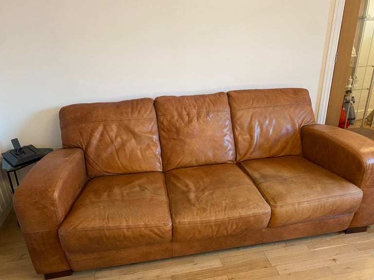 Distressed leather 2 seater, 3 seater and foot stool with storage