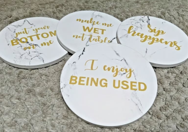 4x Drink Coasters Stone Printed Design ROUND Coaster Tea Coffee Cup Happy