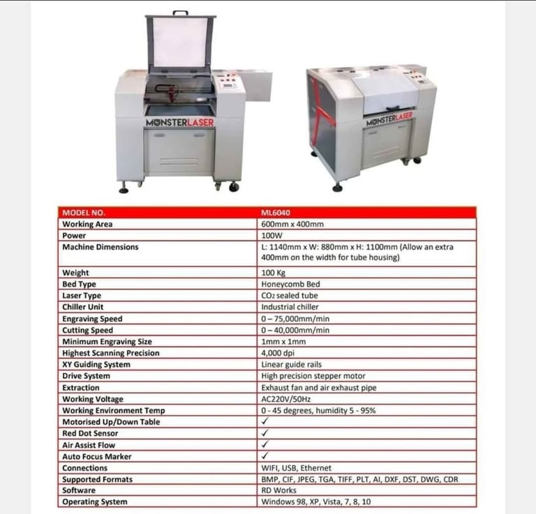 ML6040 100W CO2 Laser cutter Laser cutting Laser engraver Laser engraving machine 