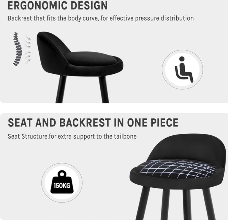 Bar Stools, Set of 2, Velvet, Black (Brand New)