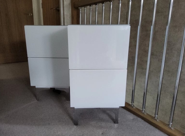 image for 2 x White Sloane Glass Collection Luxe 2 Drawer Bedside Tables With Metal Legs