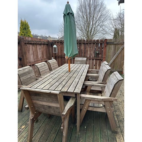 Used Garden table, chairs, chair cushions and parasol for sale | in North  Lanarkshire | Gumtree