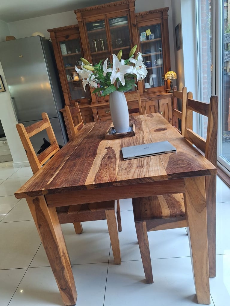 image for High quality natural tropical hardwood dining room table and chairs.