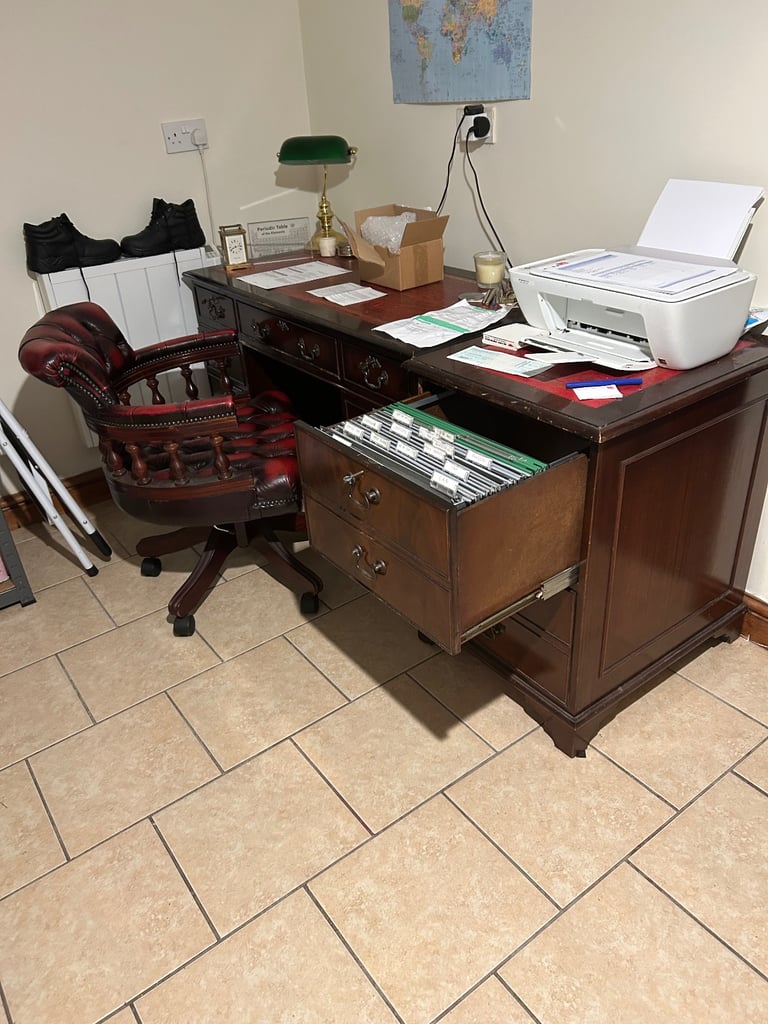 image for Mahogany desk, captains chair and filing cabinet.