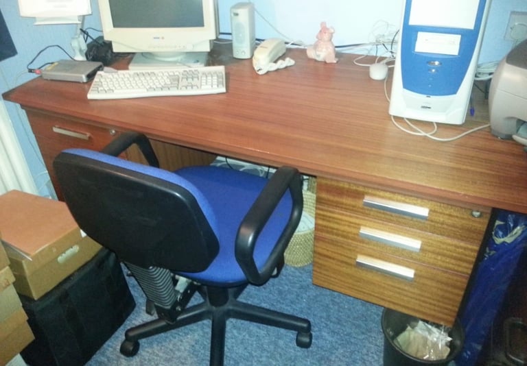 Heavy duty, XL office desk - dark oak with drawers