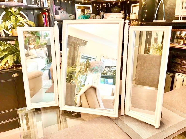 image for White triple adjustable dressing table mirror, stand alone, tilting action 