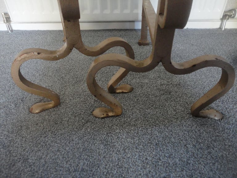 pair of heavy hand forged vintage ornate fire dogs , Andiron, wood burning fire 