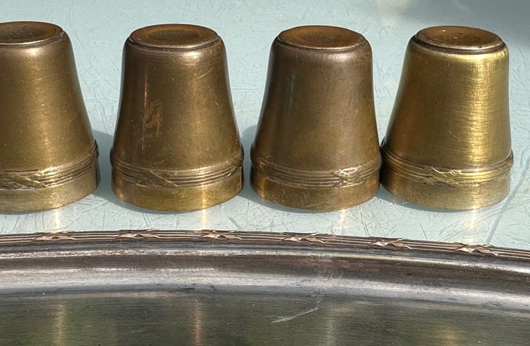 ANTIQUE FRENCH HUNTING SHOT CUP SET OF SIX STIRRUP CUPS & TRAY - 1900s - WILL POST!