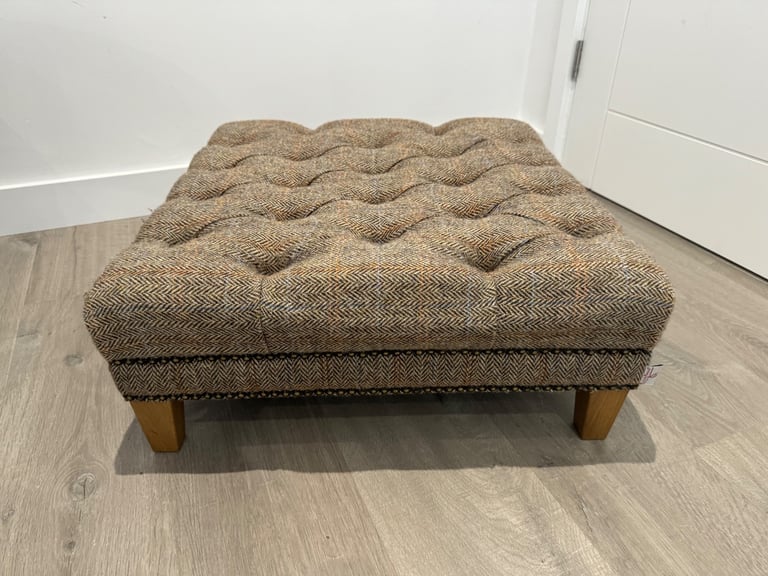 Harris Tweed Fabric Herringbone Buttoned Chesterfield Chair Low Footstool