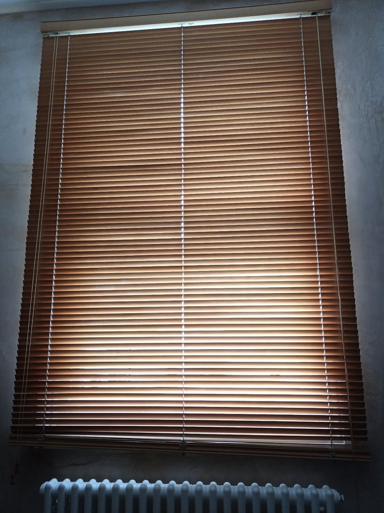 Wooden venetian blinds, extra long drop.