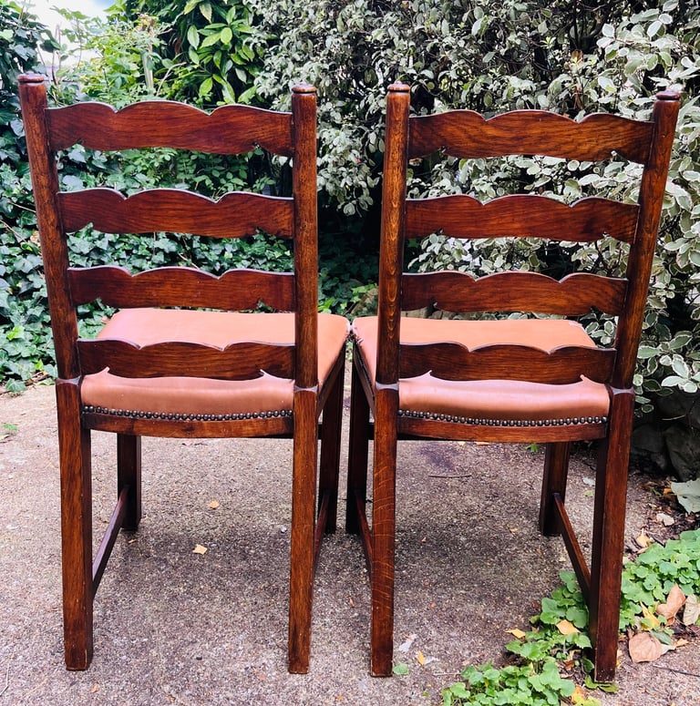 Pair of Vintage Wooden Ladder-Back Dining Chairs – Tan Faux Leather Seats