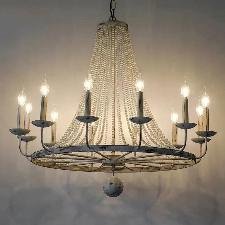 image for Pena Rustic Candle-Shaped 12-Light Crystal Bead Strands Metal Wheel Chandelier