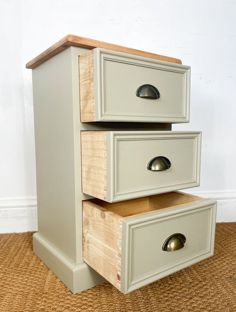 Chunky single solid pine bedside table chest of drawers painted creamy stone