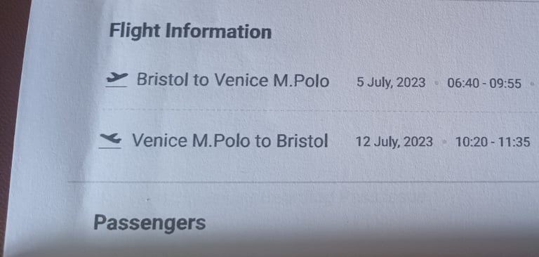 Bristol to Venice return flights x 2. 5th-12th July 2023