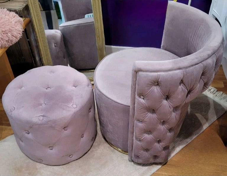 image for Mauve Purple Dusky Pink Swivel Plush Chair And Matching Pouffe Foot Stool