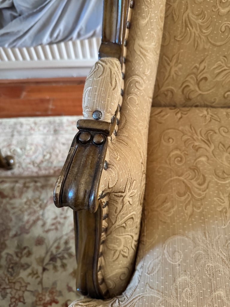 Antique Style Wingback Armchair - Carved Wood Frame & Jacquard Fabric