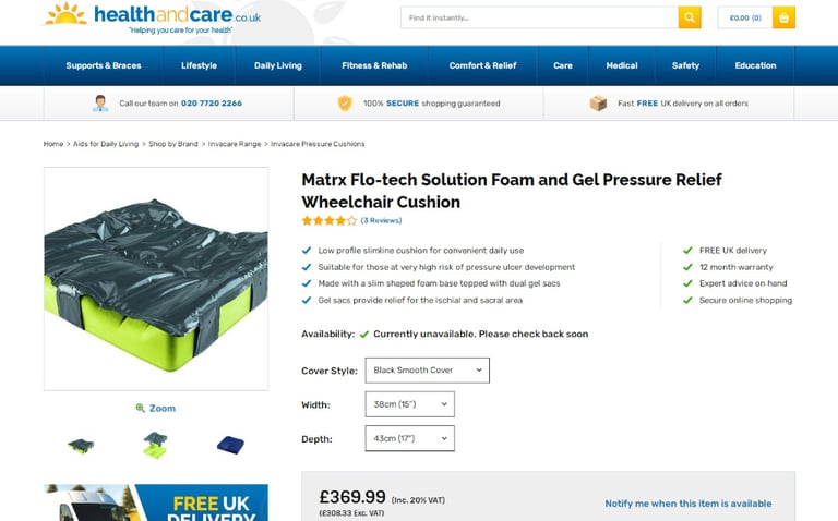 INVACARE Flo-tech Solution Foam and Gel Pressure Relief Wheelchair Cushion (15x17) RRP: £369.99