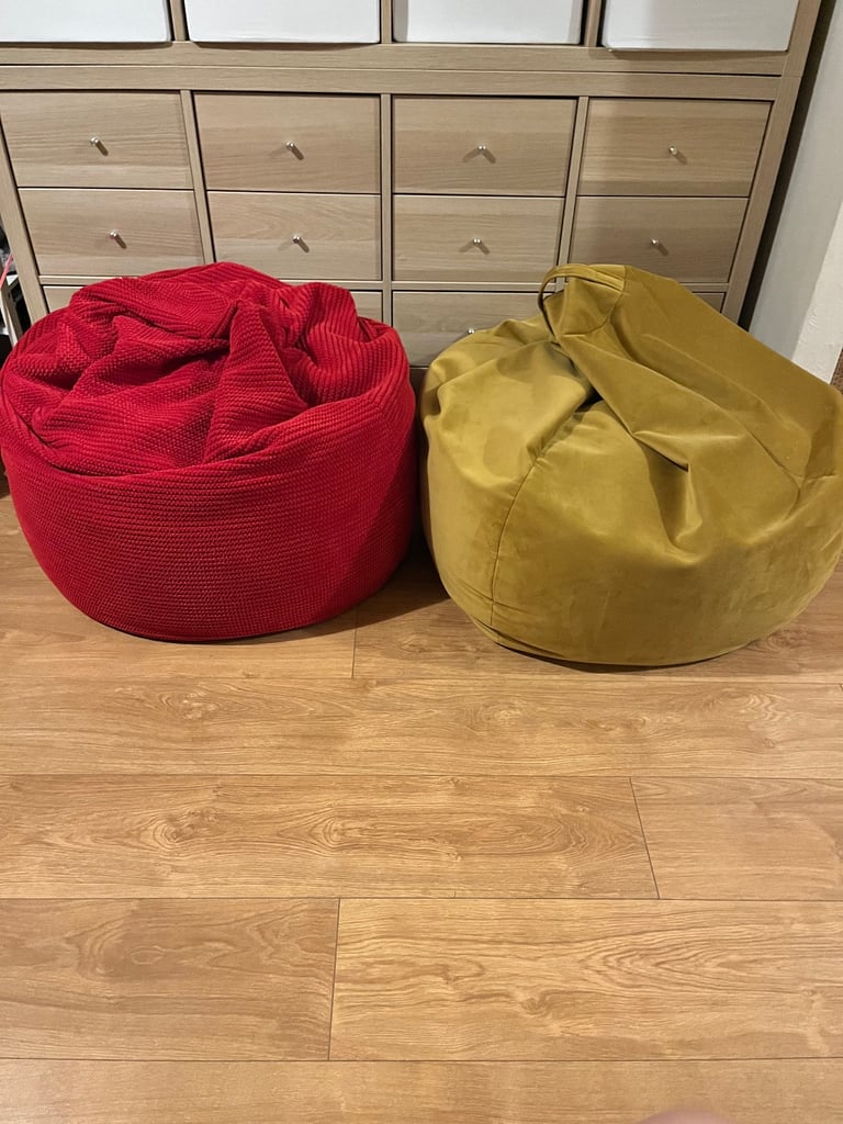image for 2X Dunelm Bean Bags Chairs Gaming Seats Pouffe Floor Cushions Loungers Sofa Velvet Cord Red Yellow