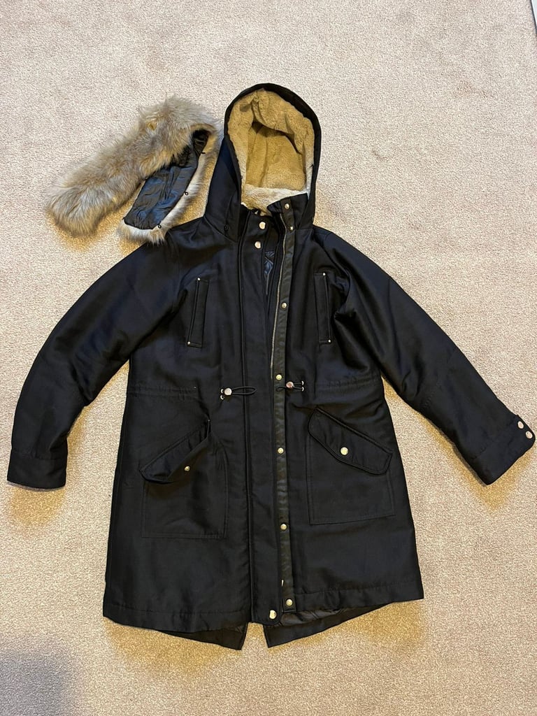 image for Ladies Next Black Hooded Parka Coat Faux Fur Trim UK 10