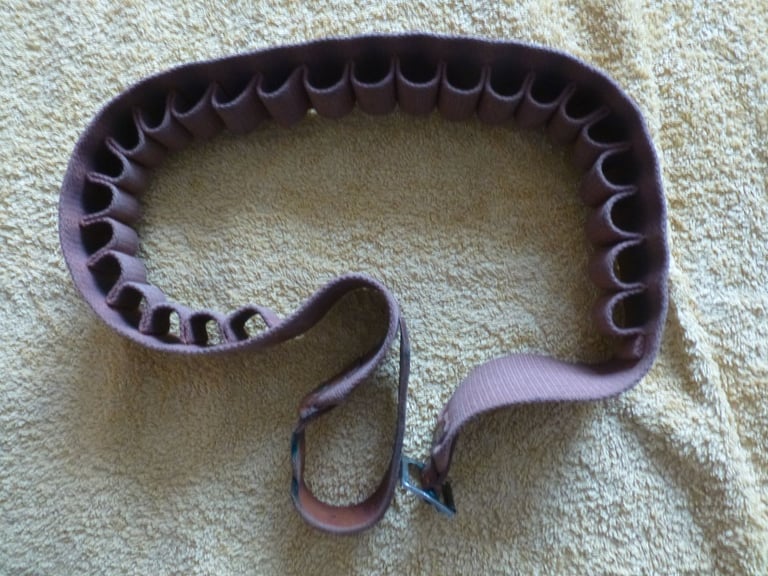 image for Brady Vintage Brown Leather And Canvas Shotgun 25 Cartridge Ammo Belt.