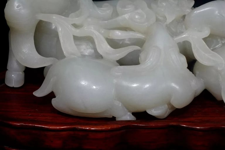 Antique Large & Heavy Chinese Hetain White/G Jade Carved Group "3 Rams" 19th C
