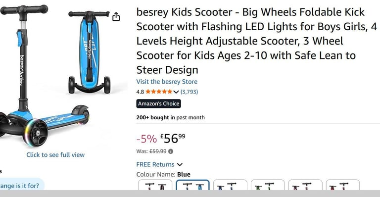 image for Besrey kids 3 wheel scooter. light up wheels. Lean to stir handlebars. age 2-10