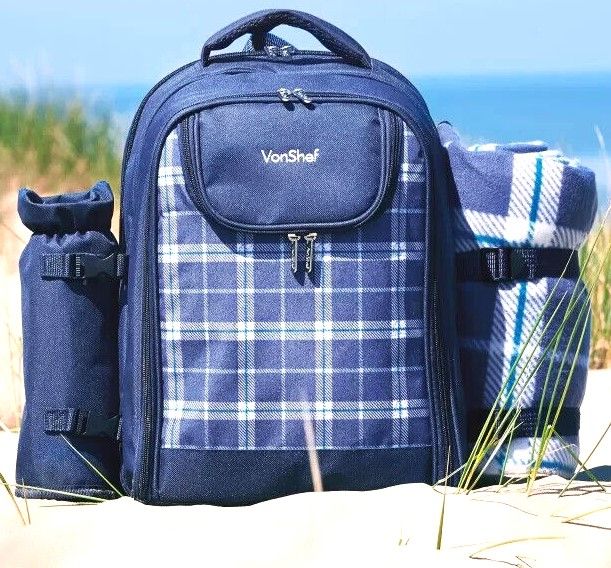 Brand New Navy Tartan Picnic Backpack nice Christmas Present!