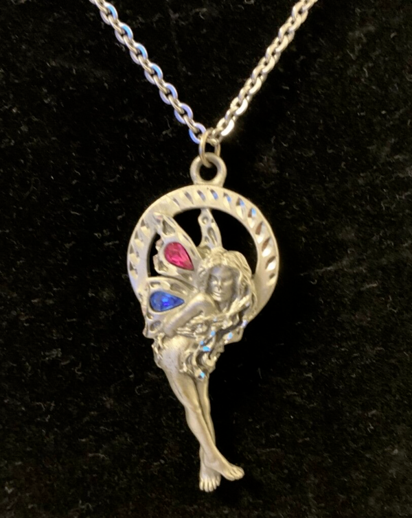 image for Rare Silver & Pewter diamond cut fairy with pink and blue teardrop glass stones