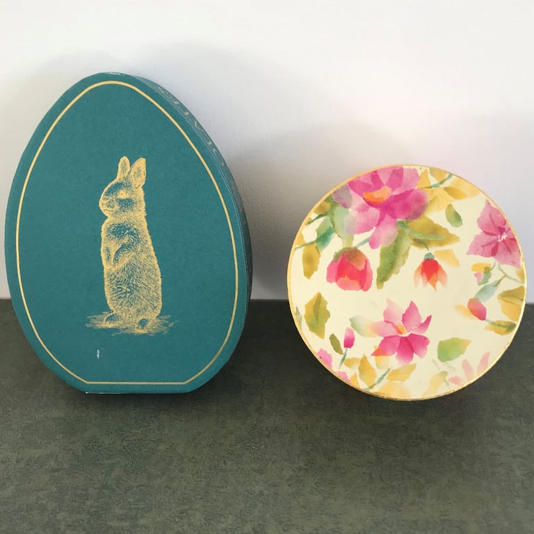 image for Gift boxes: Rococo Chocolates egg-shaped Easter rabbit & floral, pre-used. £2.50 both