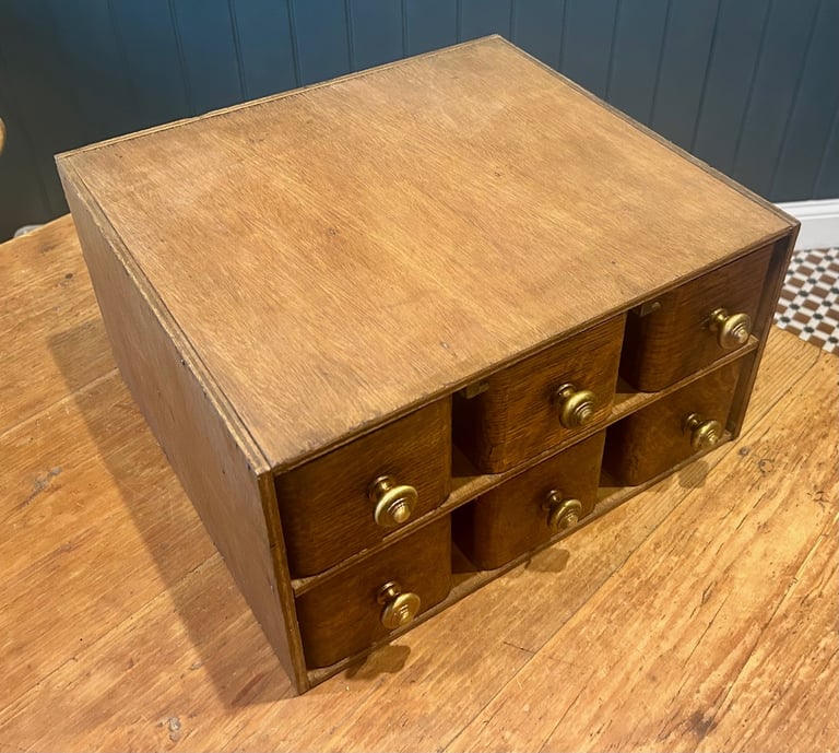 1950s oak six drawer sewing cabinet library drawer industrial antique vintage haberdashery storage
