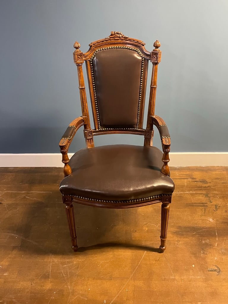 image for Superb vintage brown leather chesterfield carver throne chair Uk delivery 