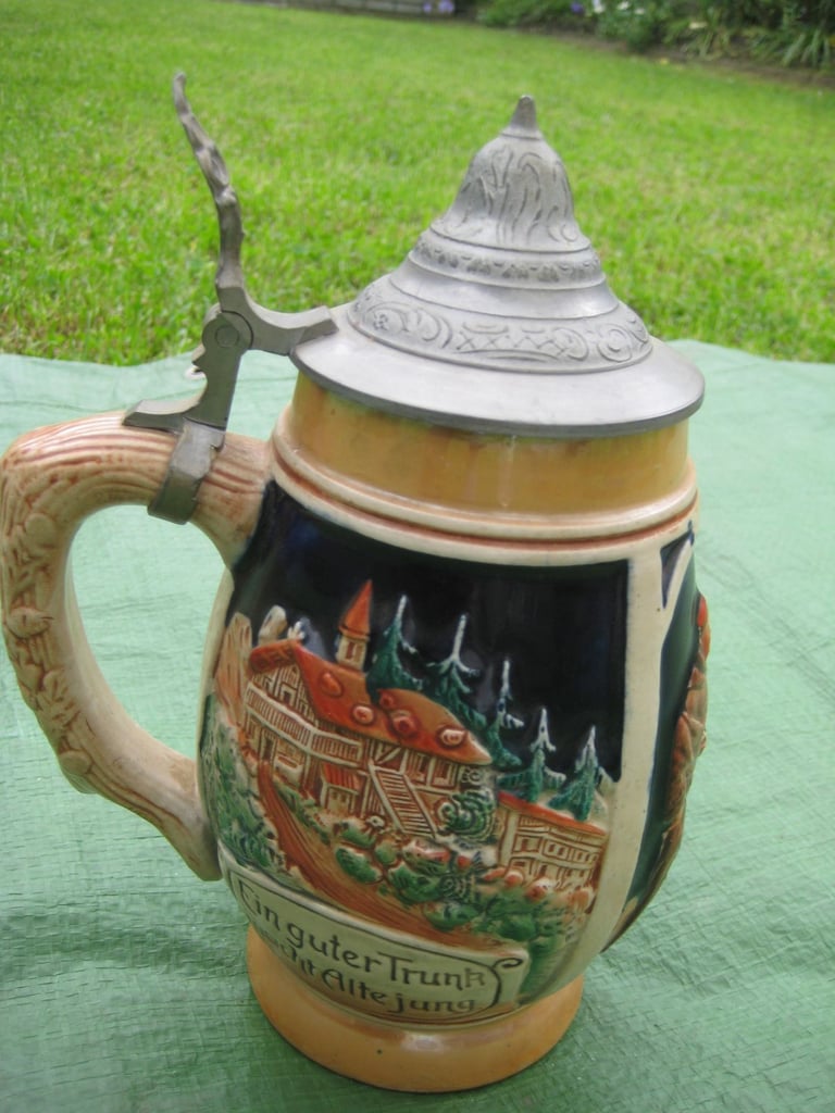 Decorated German Style Beer Mug with Pewter Lid for £10.00