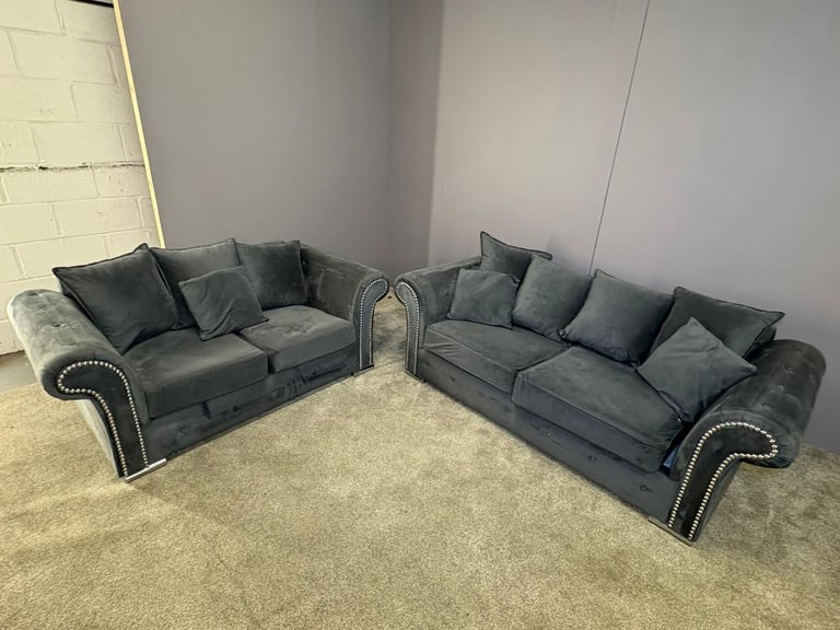 Grey French velvet 3 seater and 2 seater sofa DELIVERY AVAILABLE!