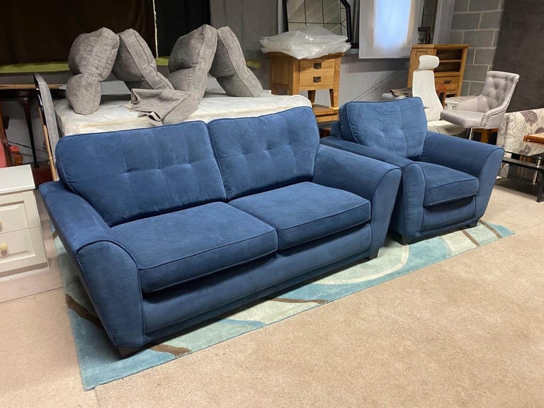 Blue Fabric 3 Seater Sofa and Chair excellent condition 