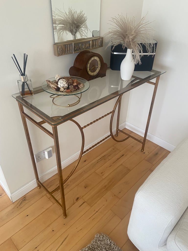 image for Gold metal and glass top console table. Nest of 3 tables and 1 smaller table